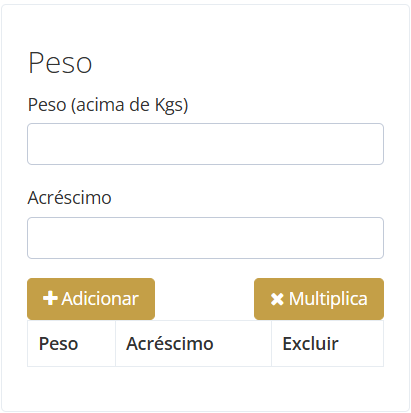 Opções para Acréscimo de Acordo com o Peso